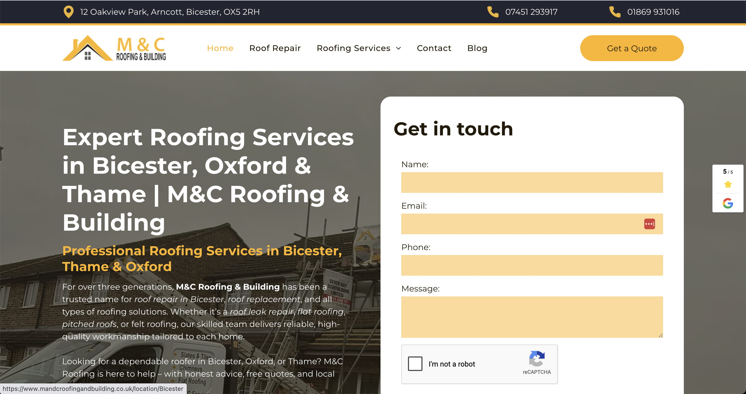M&C Roofing and Building website