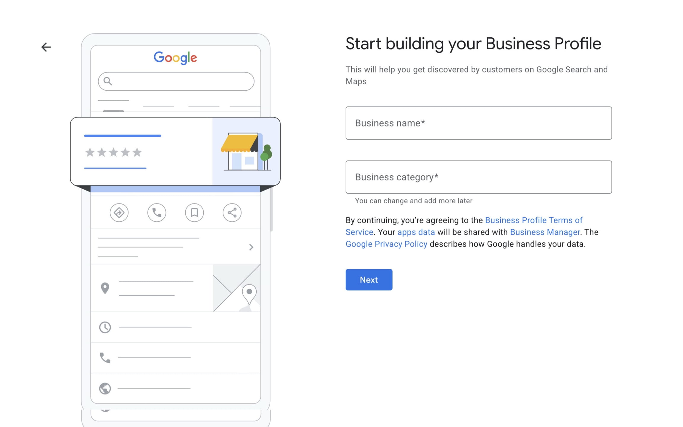 Google Business Profile setup screen asking for business name and category