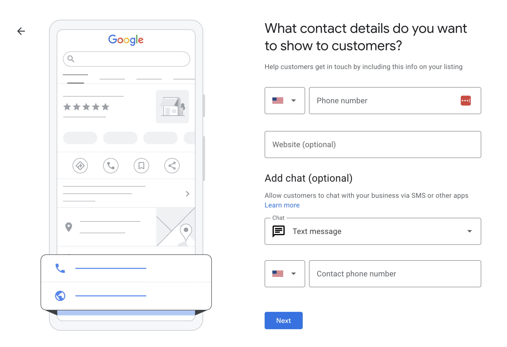 Google Business Profile screen for adding phone number and website