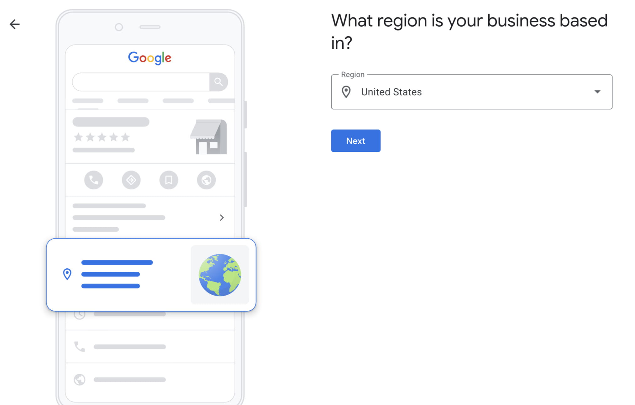Google Business Profile screen for choosing the region your business is based in