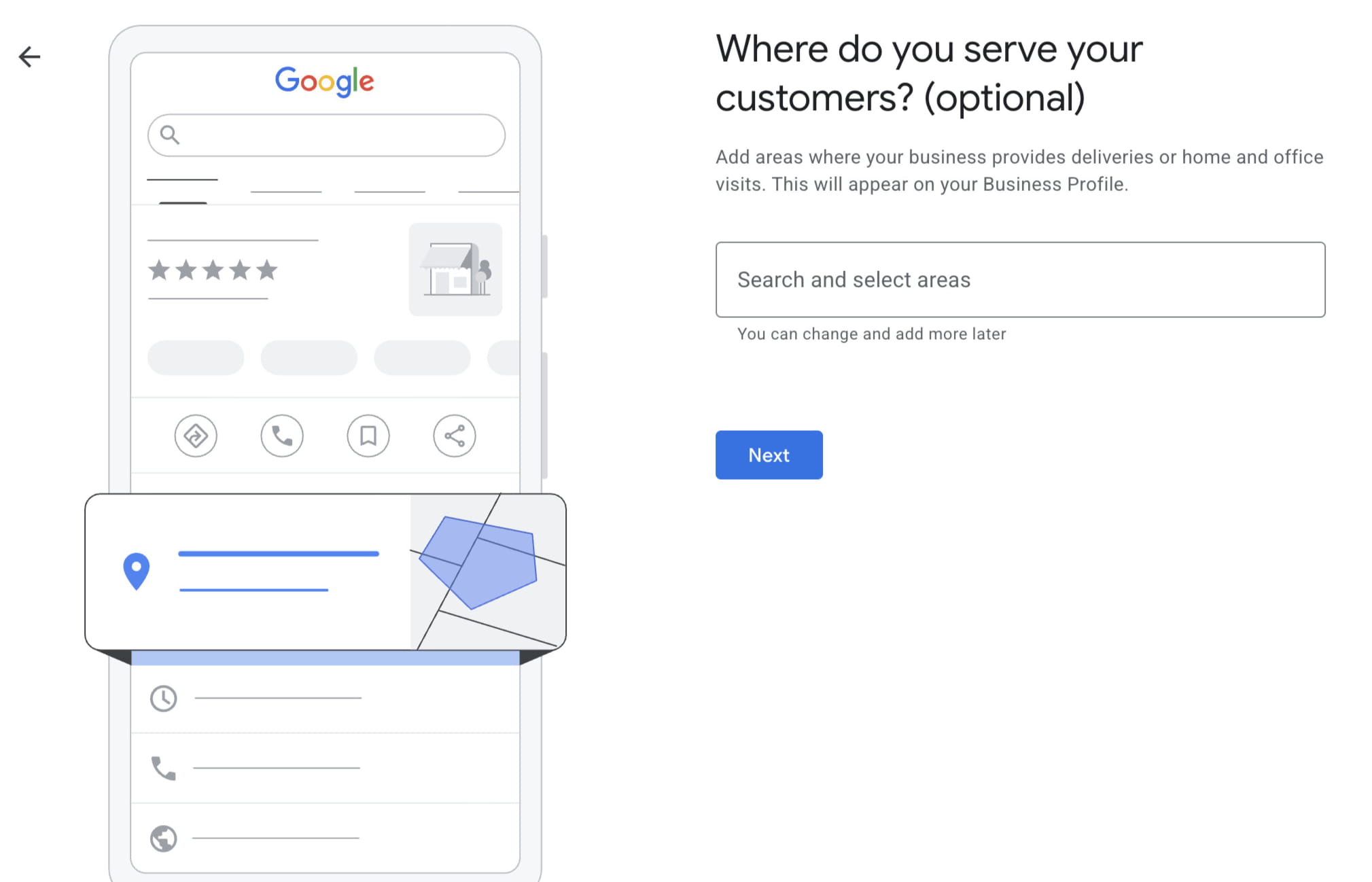 Google Business Profile screen for adding the areas your business serves